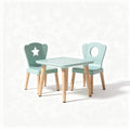 Kids' table and chair set in mint green with wooden legs for playroom use